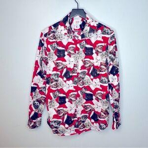 North Pole Santa Cat Christmas Graphic Button Down Collared‎ Shirt Size M